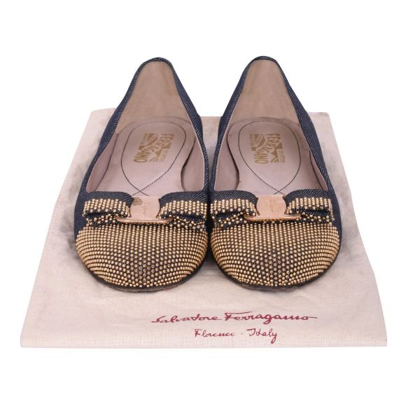 SALVATORE FERRAGAMO DENIM FABRIC STUDDED VARA BOW CAP TOE BALLERINAS