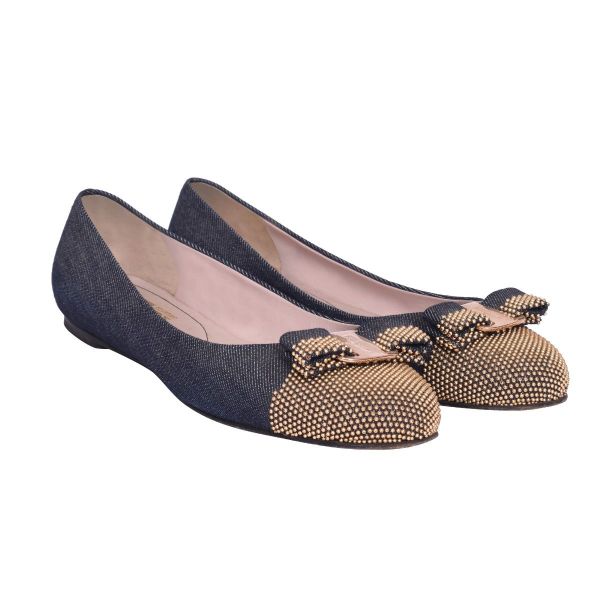 SALVATORE FERRAGAMO DENIM FABRIC STUDDED VARA BOW CAP TOE BALLERINAS