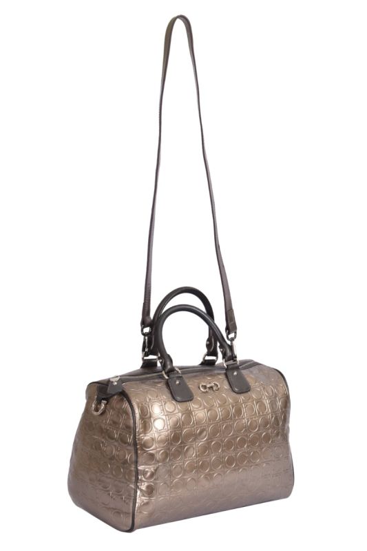 Salvatore Ferragamo Metallic Brown Gancini Embossed Leather Handbag