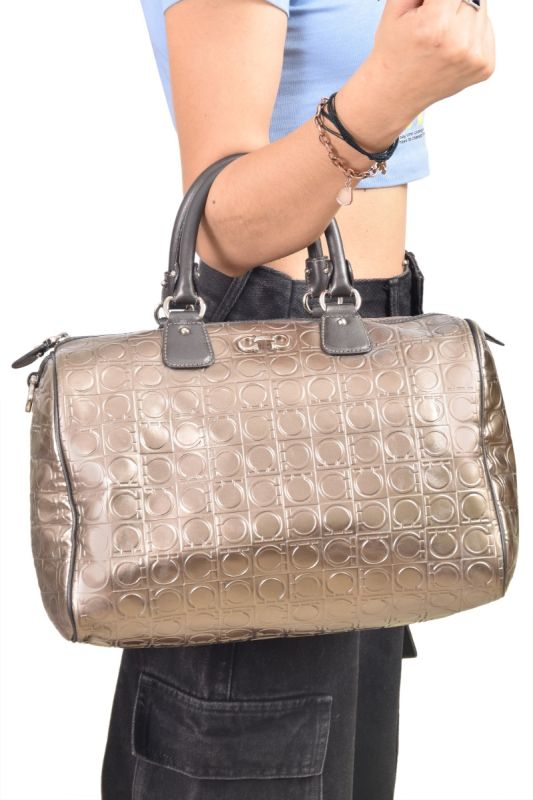 Salvatore Ferragamo Metallic Brown Gancini Embossed Leather Handbag