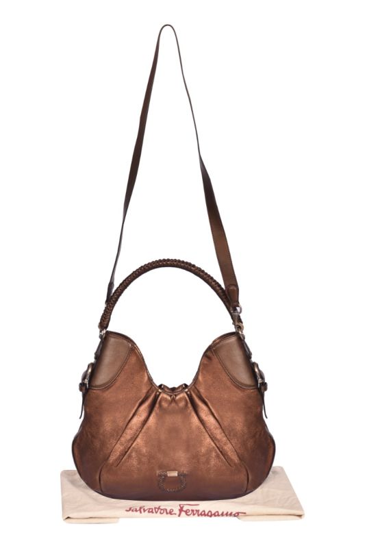 Salvatore Ferragamo Metallic Brown Gancini Logo Shoulder Bag