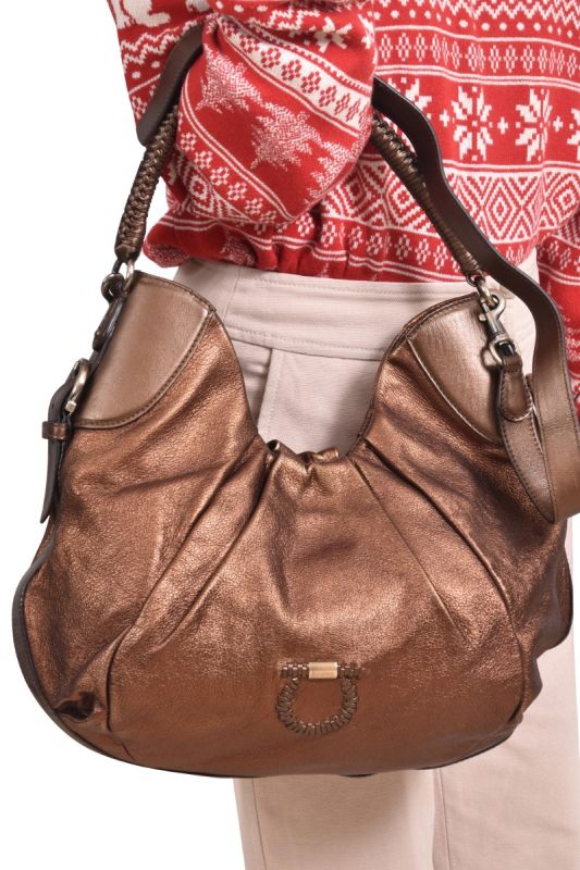 Salvatore Ferragamo Metallic Brown Gancini Logo Shoulder Bag