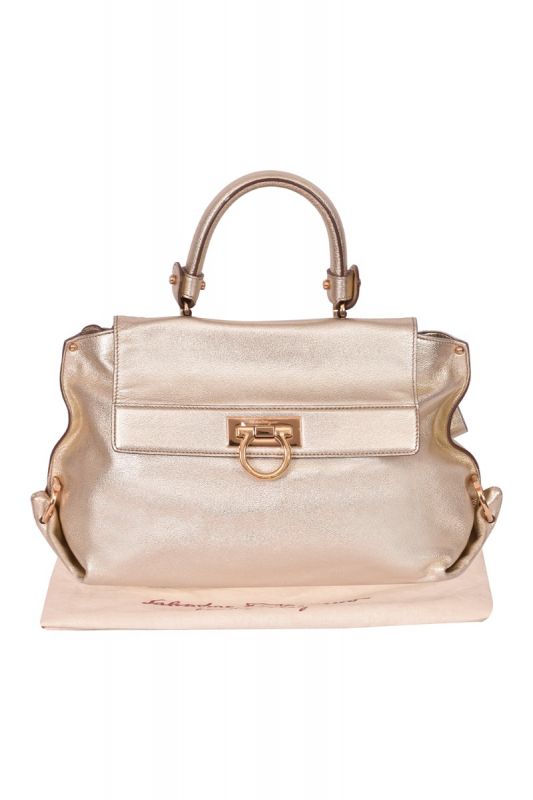 Salvatore Ferragamo Metallic Gold Leather Satchel Handbag