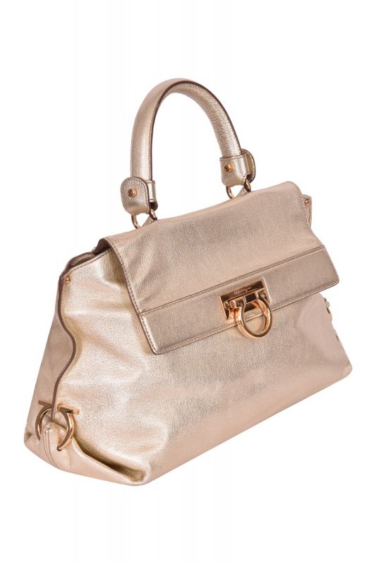 Salvatore Ferragamo Metallic Gold Leather Satchel Handbag