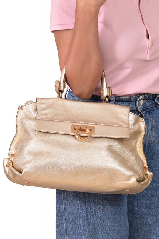 Salvatore Ferragamo Metallic Gold Leather Satchel Handbag