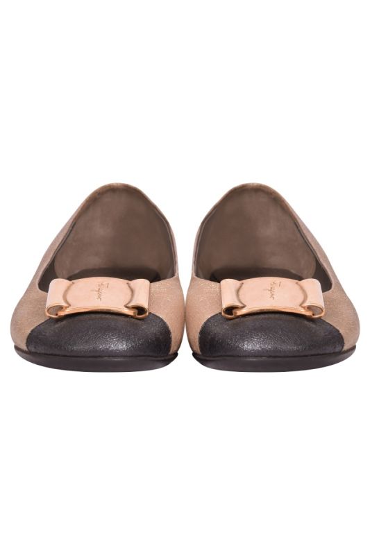 Salvatore Ferragamo Navy Blue/Gold Ballet Flats