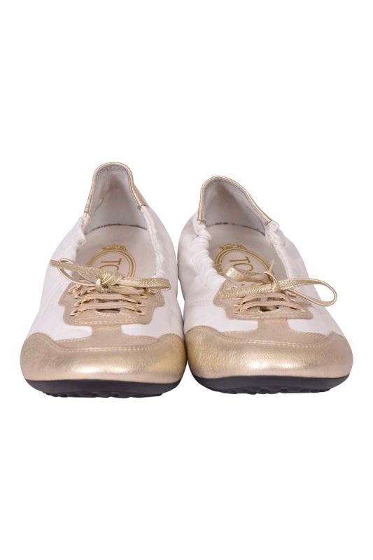 Tod’s White/Gold Leather and SeudeGomma Lace Ballerinas