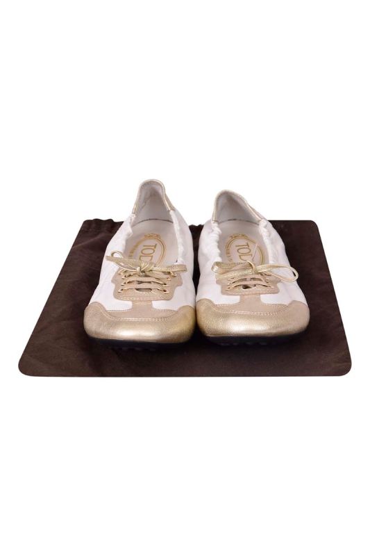 Tod’s White/Gold Leather and SeudeGomma Lace Ballerinas