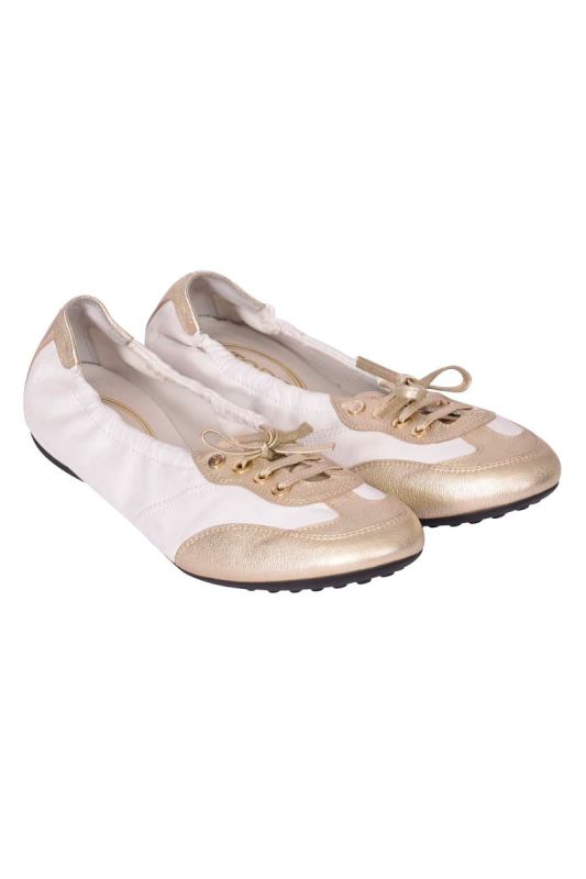Tod’s White/Gold Leather and SeudeGomma Lace Ballerinas