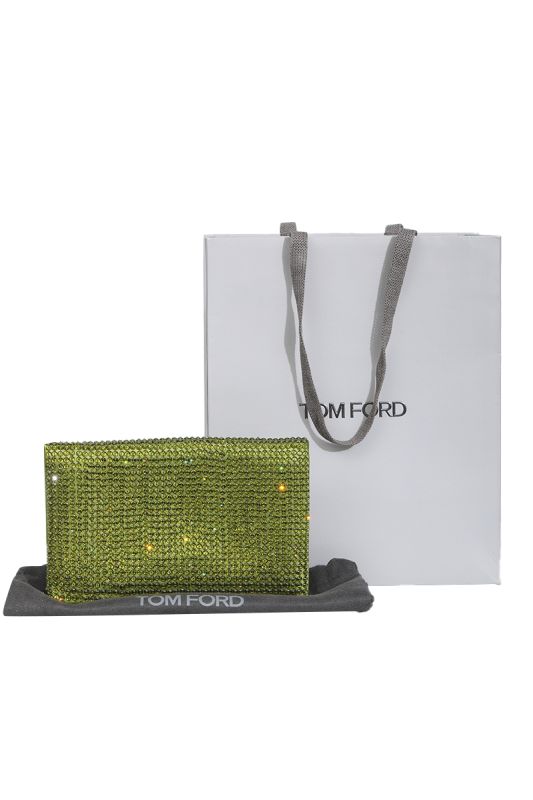 TOM FORD GREEN SATIN CRYSTAL EMBELLISHED FLAT CLUTCH