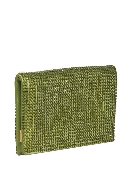 TOM FORD GREEN SATIN CRYSTAL EMBELLISHED FLAT CLUTCH
