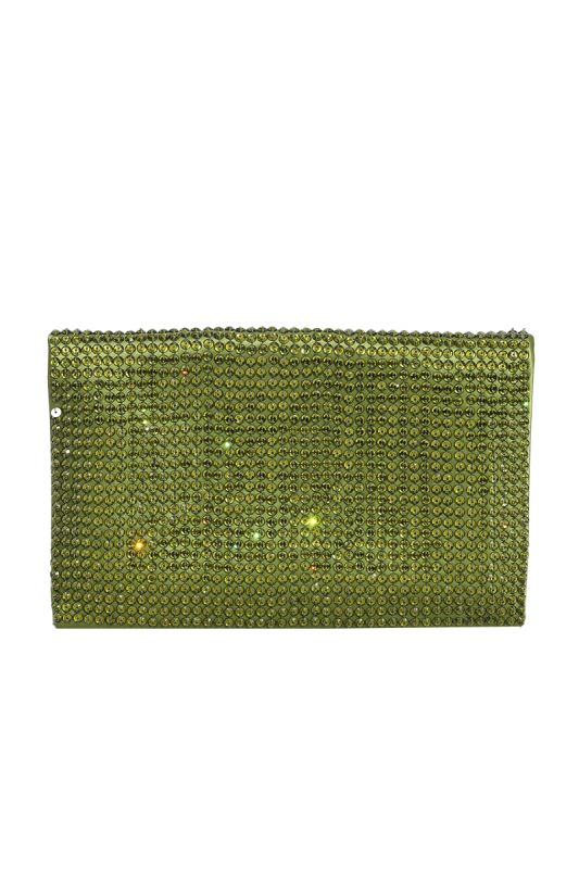 TOM FORD GREEN SATIN CRYSTAL EMBELLISHED FLAT CLUTCH