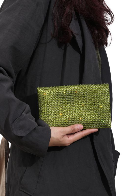 TOM FORD GREEN SATIN CRYSTAL EMBELLISHED FLAT CLUTCH