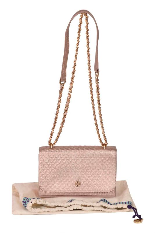 Tory Burch Crossbody Metallic Pink Quilted Leather Crossbody Bag