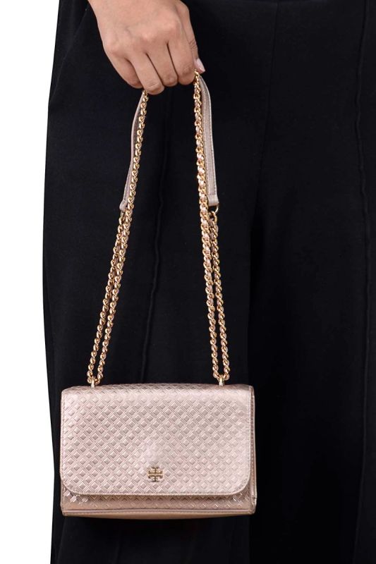 Tory Burch Crossbody Metallic Pink Quilted Leather Crossbody Bag
