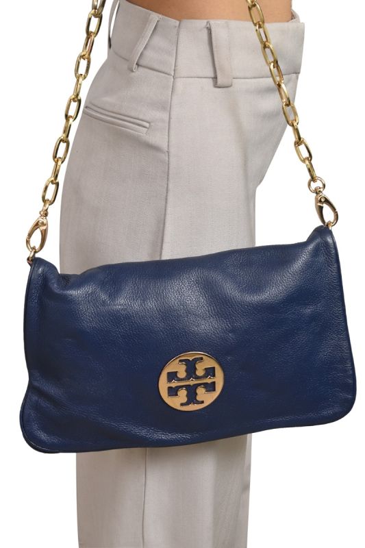 TORY BURCH LEATHER LOGO FLAP CLUTCH SHOULDER BAG