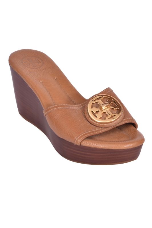 Tory Burch Selma Logo Tan Pebbled Leather Wedges