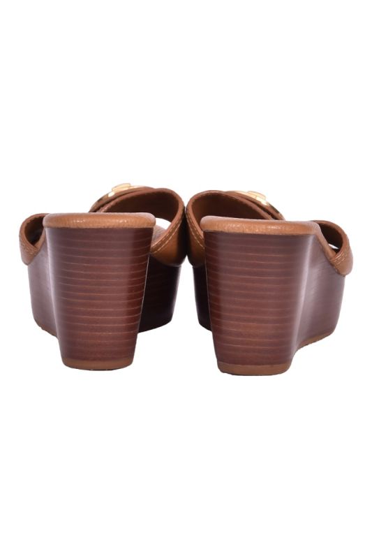 Tory Burch Selma Logo Tan Pebbled Leather Wedges