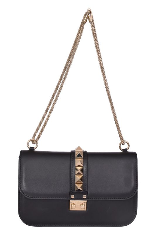 Valentino Black Leather Rockstud Medium Glam Lock Flap Bag