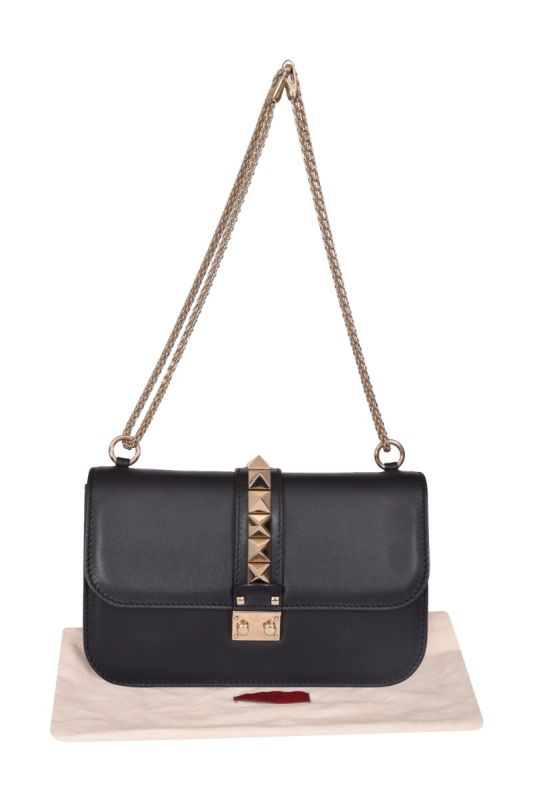 Valentino Black Leather Rockstud Medium Glam Lock Flap Bag