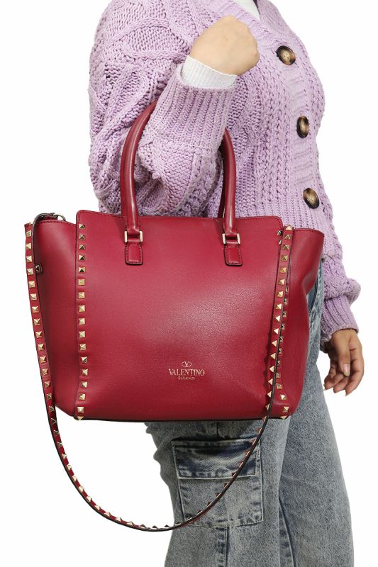 Valentino Red Leather Rockstud Trapeze Bag
