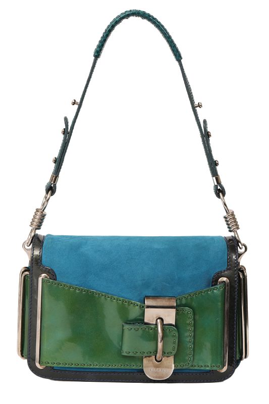 VERSACE GREEN PATENT AND BLUE SUEDE FLAP SHOULDER BAG