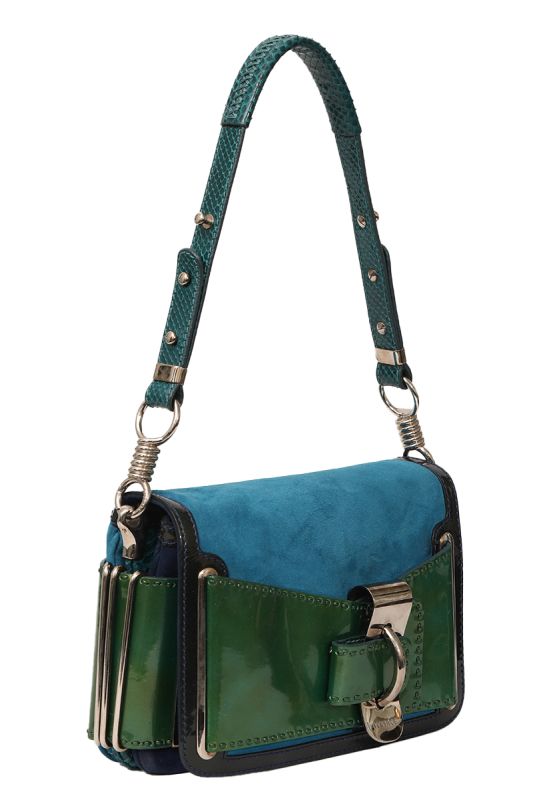 VERSACE GREEN PATENT AND BLUE SUEDE FLAP SHOULDER BAG