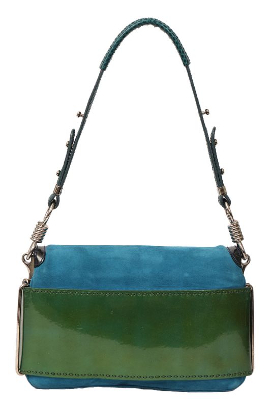 VERSACE GREEN PATENT AND BLUE SUEDE FLAP SHOULDER BAG