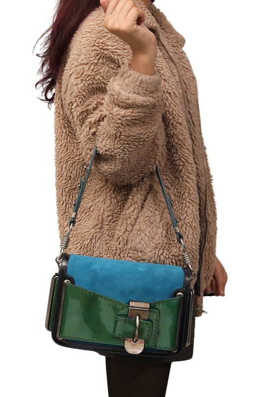 VERSACE GREEN PATENT AND BLUE SUEDE FLAP SHOULDER BAG