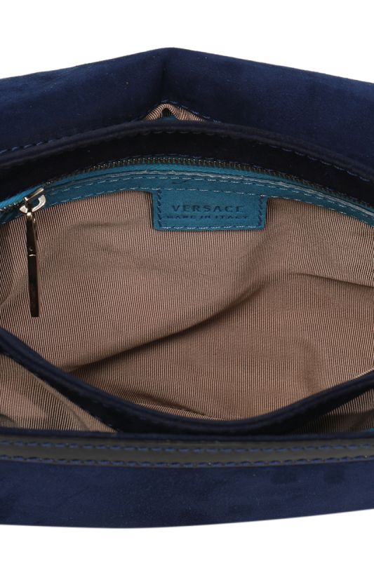 VERSACE GREEN PATENT AND BLUE SUEDE FLAP SHOULDER BAG