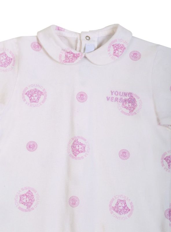 YOUNG VERSACE WHITE & LILAC MEDUSA LOGO ROMPER