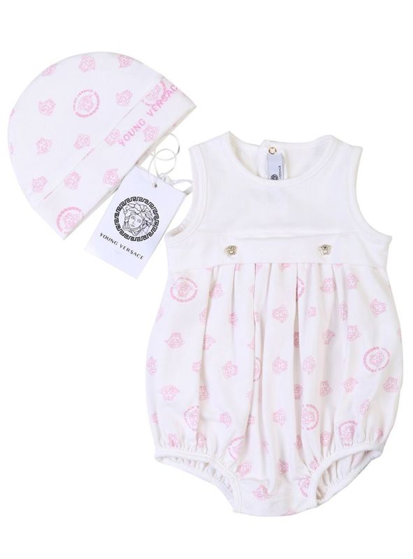 YOUNG VERSACE WHITE & PINK MEDUSA LOGO ROMPER, CAP AND BOOTIES SET