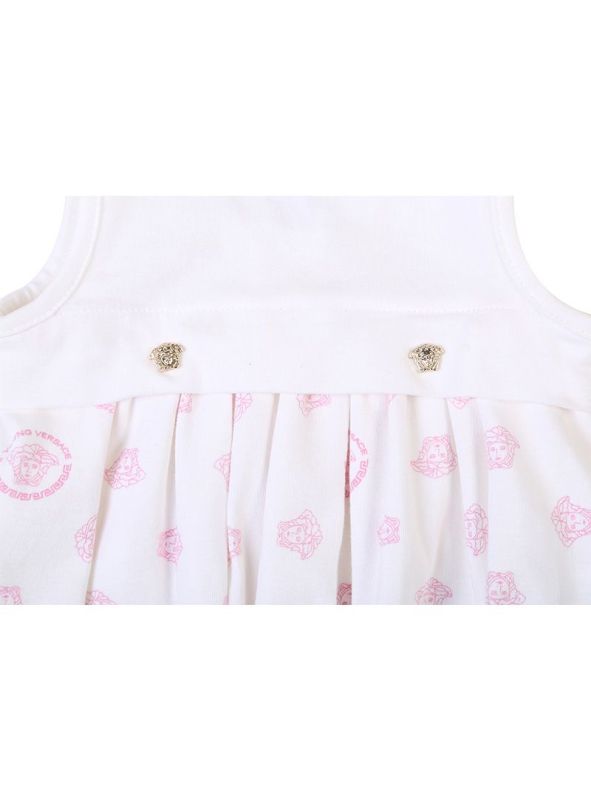 YOUNG VERSACE WHITE & PINK MEDUSA LOGO ROMPER, CAP AND BOOTIES SET