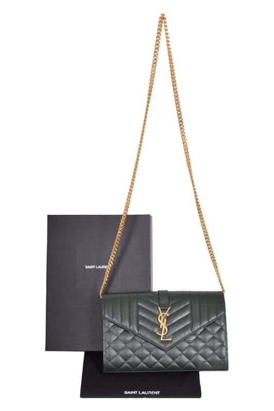 Ysl Grain De Poudre Embossed Leather Envelope Chain Wallet