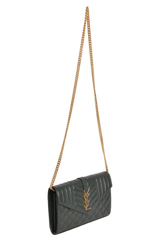 Ysl Grain De Poudre Embossed Leather Envelope Chain Wallet