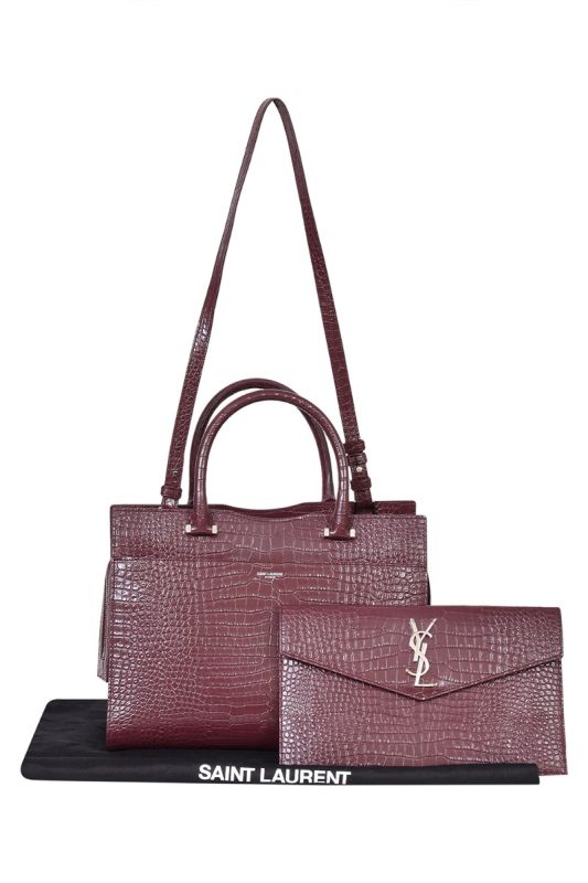 YSL Uptown Medium Croc Effect Clutch Handbag