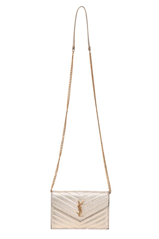 YVES SAINT LAURENT METALLIC GOLD MATELASSE LEATHER ENVELOPE WALLET ON CHAIN