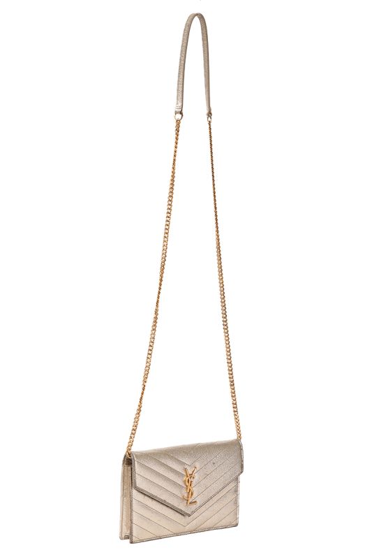 YVES SAINT LAURENT METALLIC GOLD MATELASSE LEATHER ENVELOPE WALLET ON CHAIN