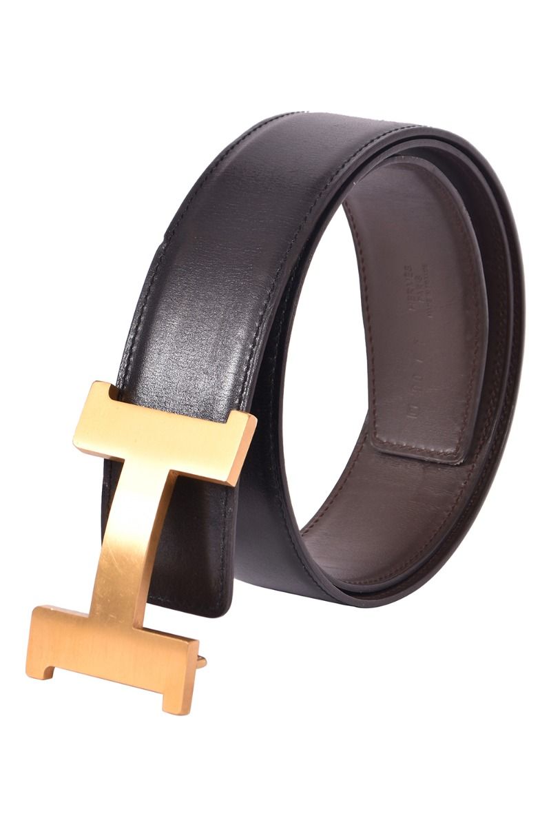 Hermes Gold Tone H Belt on Black Leather Reversible Size 70 at