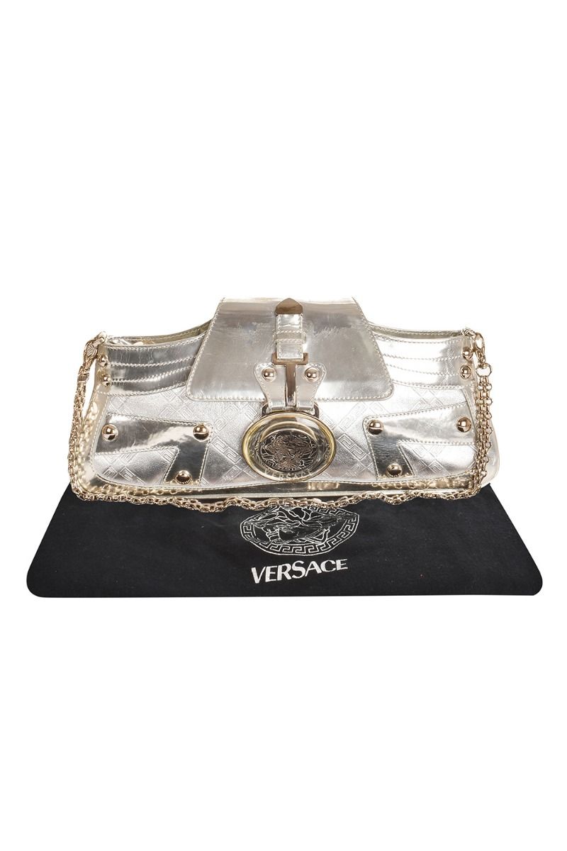 Repeat Mini metallic leather shoulder bag in metallic - Versace | Mytheresa